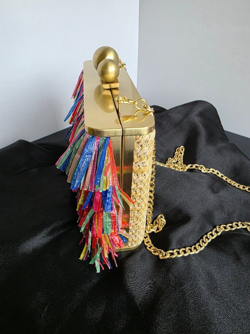 Olga Berg Carlita Carnivale Clutch Bag Multicolor Raffia Gold Frame Chain Strap - Picture 7 of 16